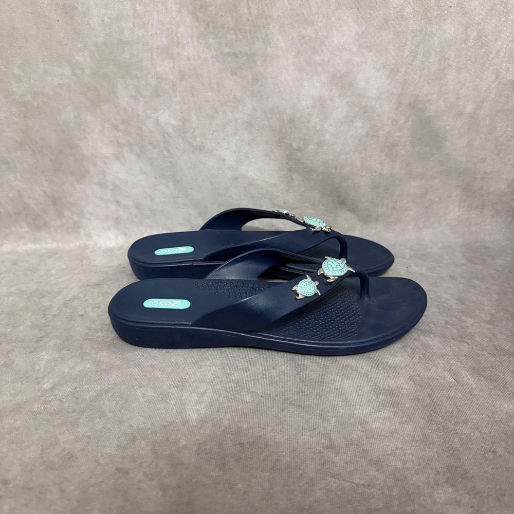 Oka-B Sea Turtle Flip Flop Sandals Womens Size 9 ML Navy Blue Turquoise‎ Charms